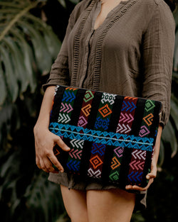 Model holding Story of Source Zunil Laptop Pouch in Black