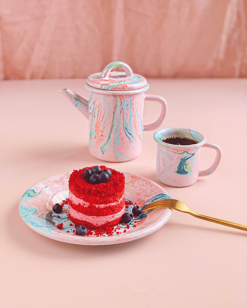 Story of Source enamel blush teapot and mug