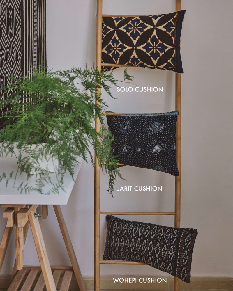 Story of Source Indonesia textile cushions - Solo batik cushion, Jarit batik cushion, Wohepi ikat cushion